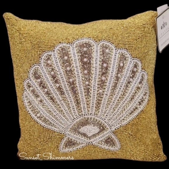 SILVER & gold fully beaded scalloped seashell pearl 14" coastal throw pillow new - Picture 1 of 7
